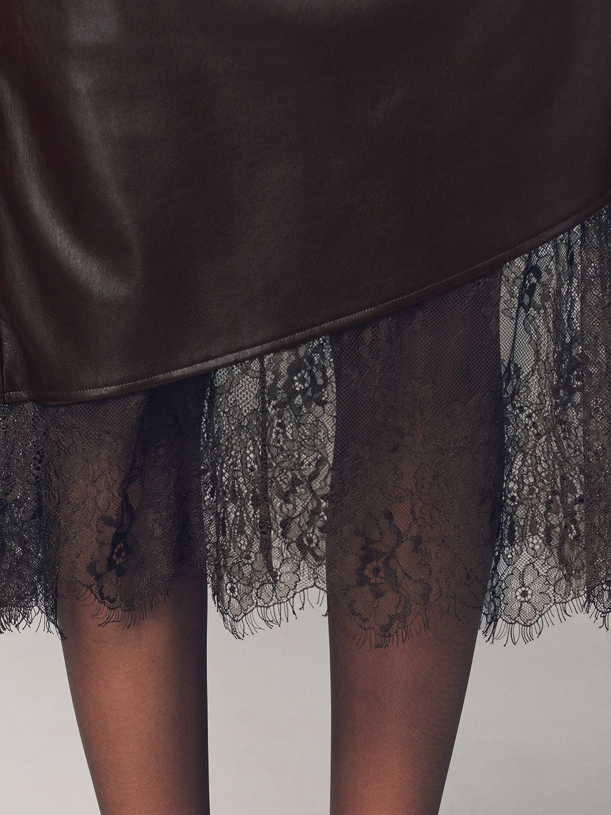 Lace Hem Faux Leather Ruched Midi Skirt sold by COMMENSE product image thumbnail 2