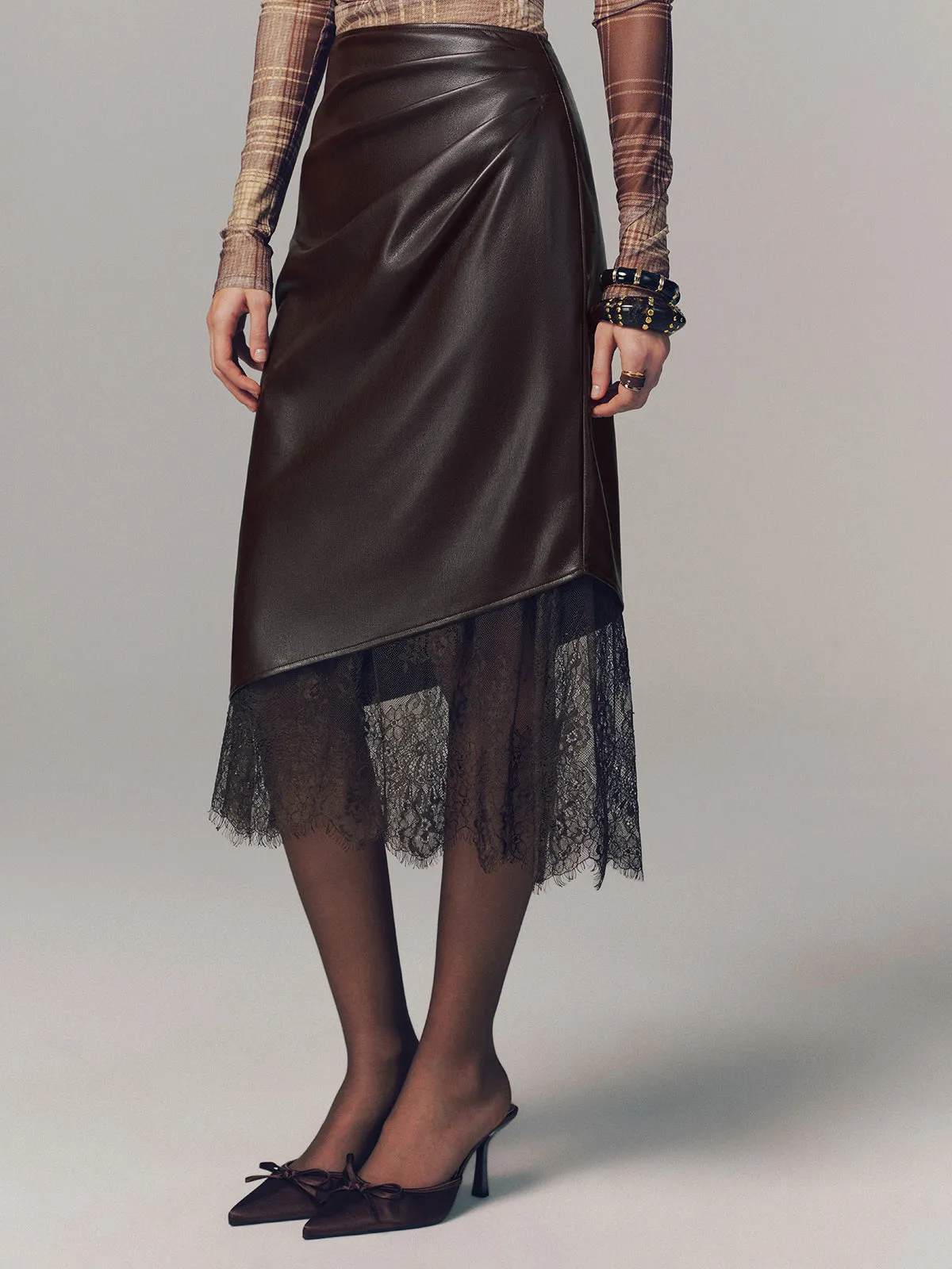 Lace Hem Faux Leather Ruched Midi Skirt sold by COMMENSE product image thumbnail 3