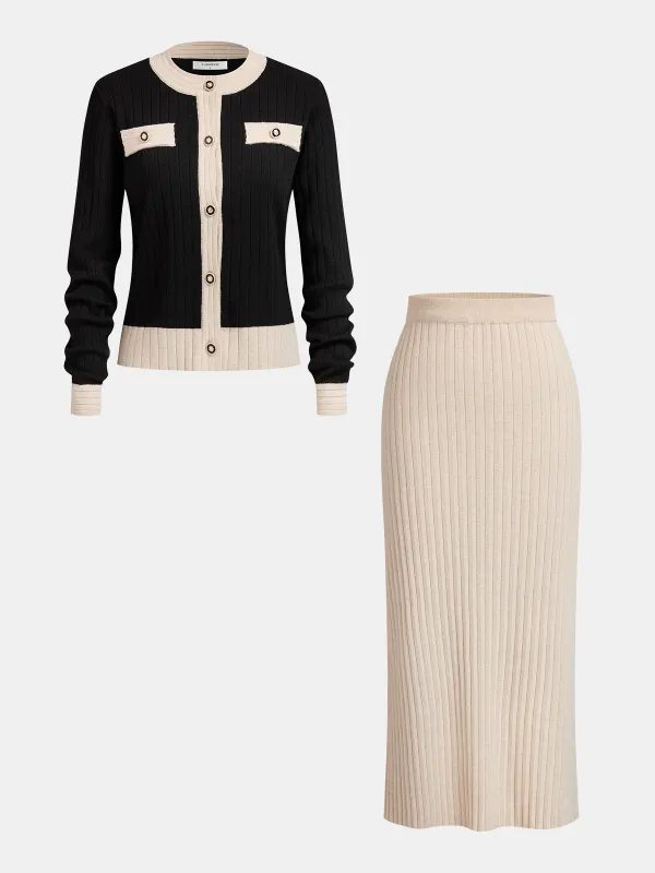 Contrast-Trim Rib-Knit Cardigan & Midi Skirt Set sold by COMMENSE