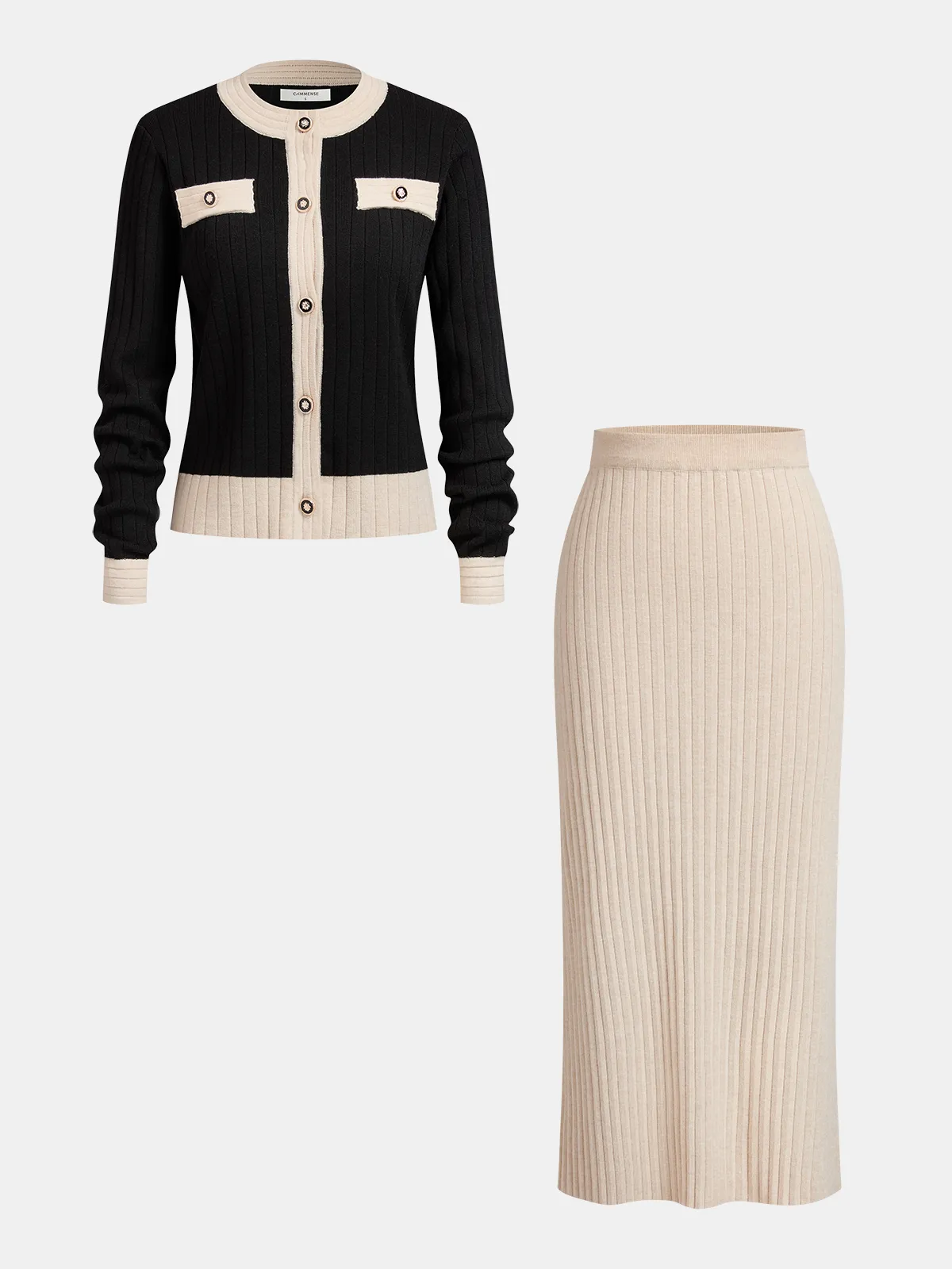 Contrast-Trim Rib-Knit Cardigan & Midi Skirt Set sold by COMMENSE
