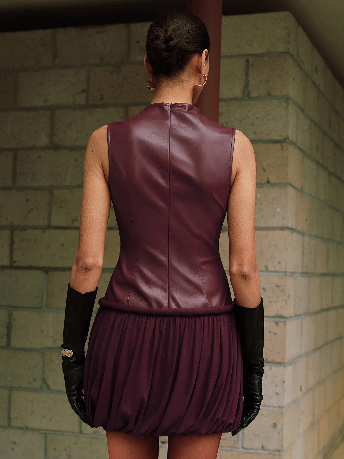 Faux Leather Mock Neck Bubble Mini Dress sold by COMMENSE product image thumbnail 5