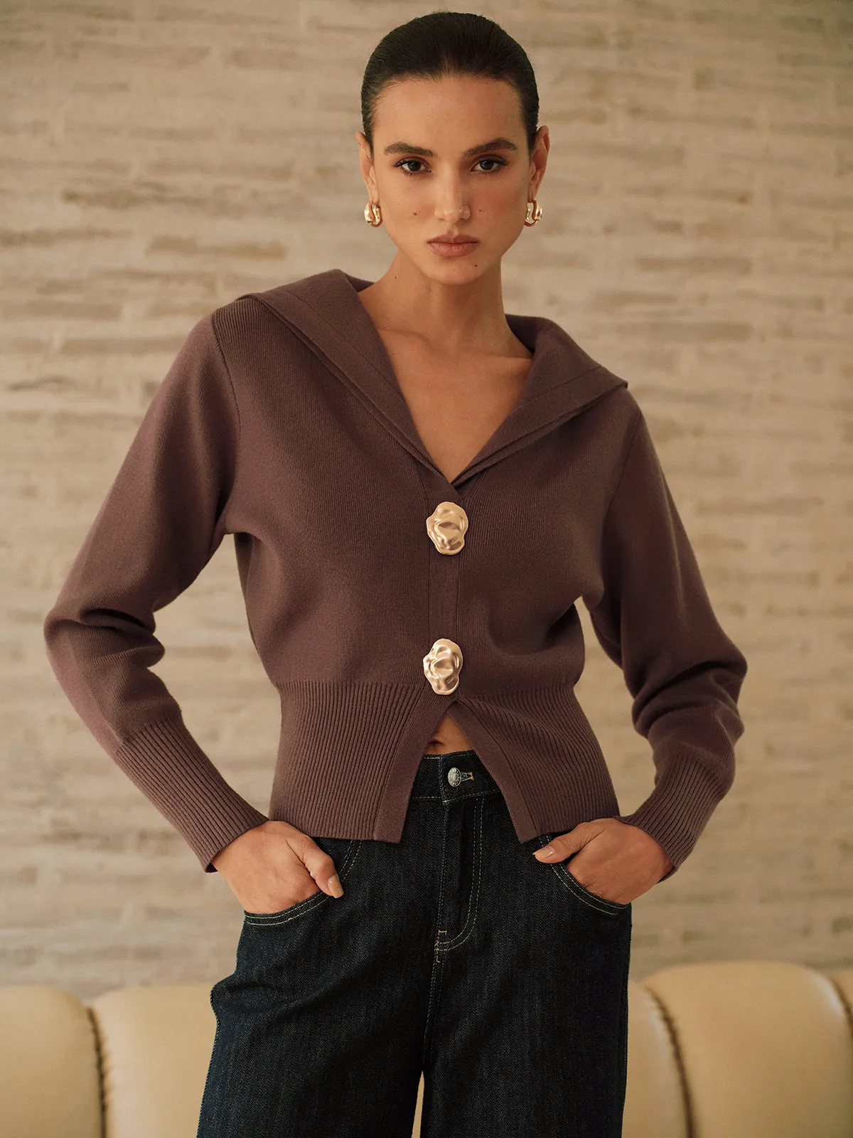 Metal Button Shawl Collar Knit Top sold by COMMENSE