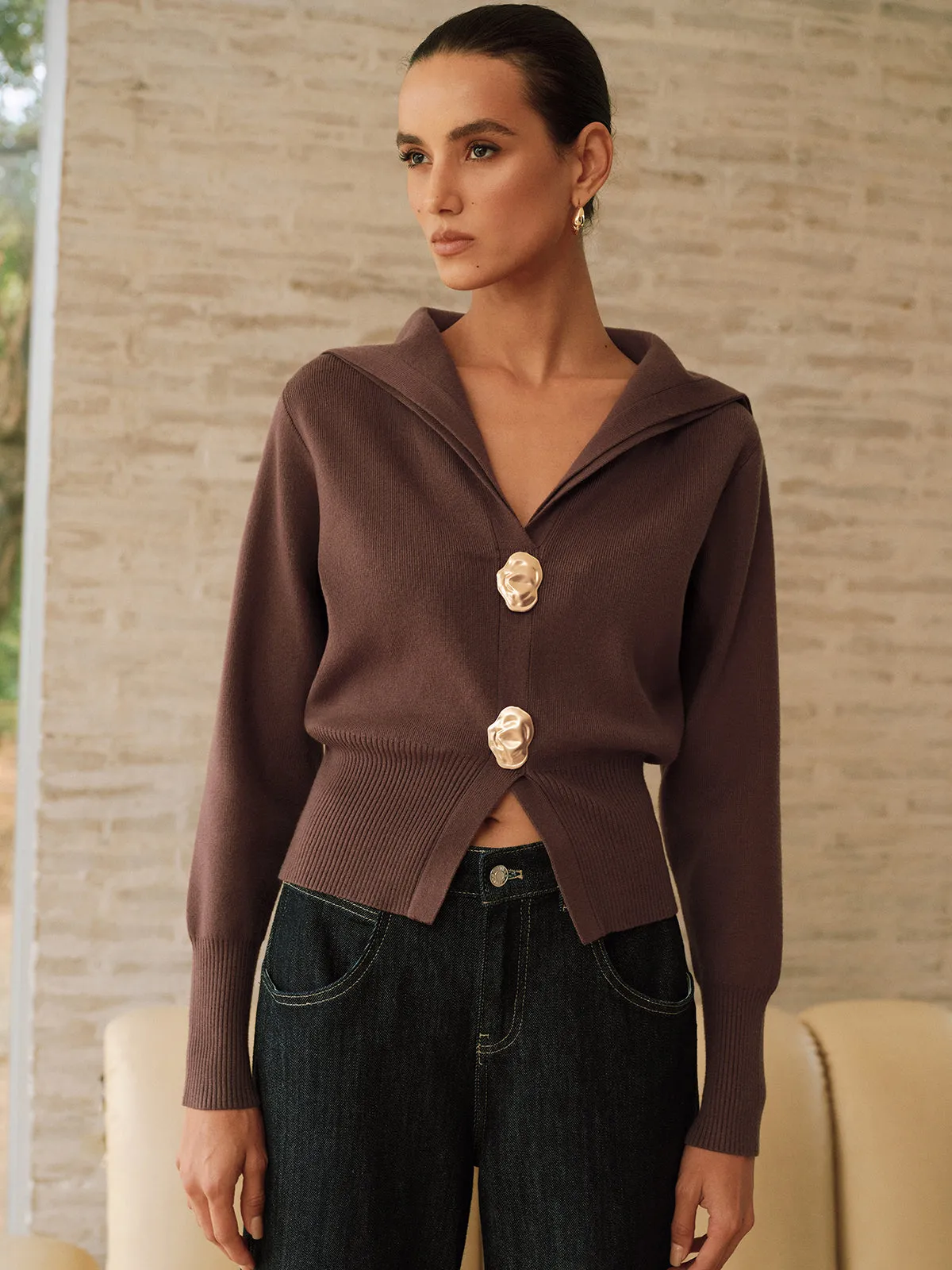 Metal Button Shawl Collar Knit Top sold by COMMENSE product image thumbnail 2