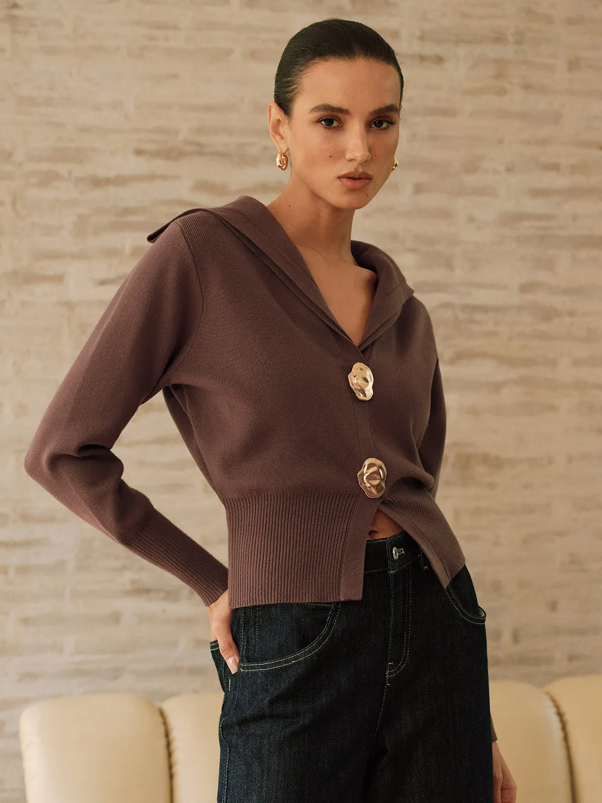Metal Button Shawl Collar Knit Top sold by COMMENSE product image thumbnail 4