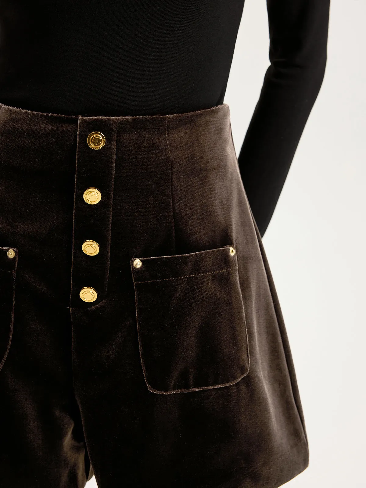 Velvet Mid-Waist Button-Front Shorts sold by COMMENSE product image thumbnail 4