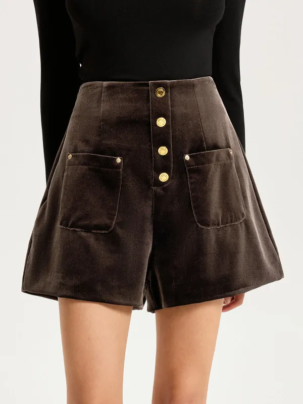 Velvet Mid-Waist Button-Front Shorts sold by COMMENSE
