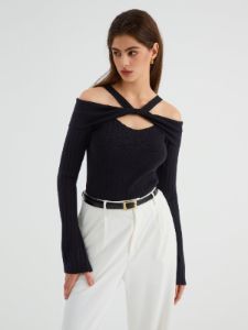 Knotted Cutout Off Shoulder Knit Top sold by COMMENSE