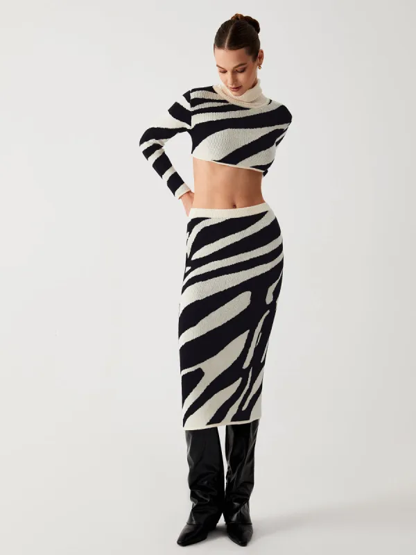 Zebra Print Mock Neck Crop Top Two Piece Skirt Set sold by COMMENSE