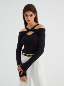 Knotted Cutout Off Shoulder Knit Top sold by COMMENSE