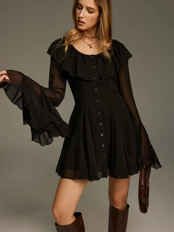 Chiffon Ruffled Bell-Sleeve Mini Dress sold by COMMENSE