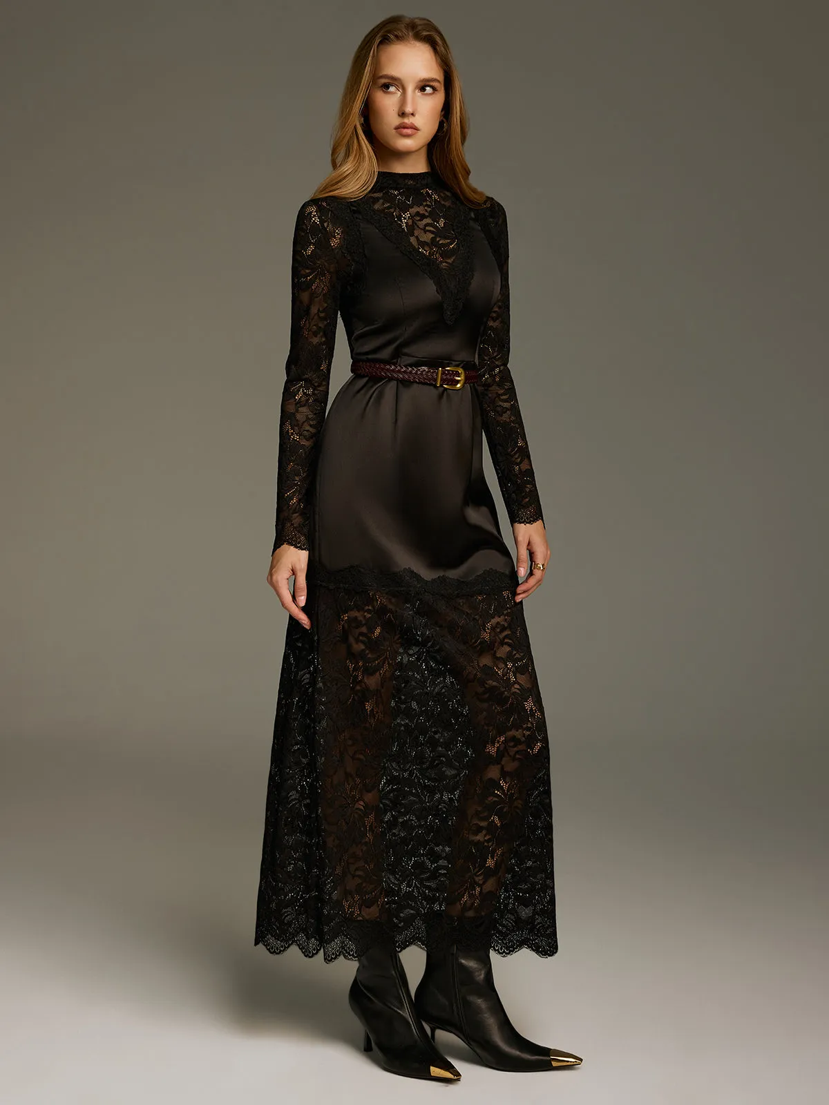 Satin-Lace Paneled Maxi Dress without Belt sold by COMMENSE product image thumbnail 4