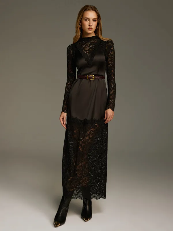 Satin-Lace Paneled Maxi Dress without Belt sold by COMMENSE