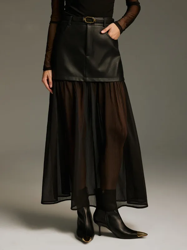 Belted Mesh Hem Faux Leather Maxi Skirt sold by COMMENSE