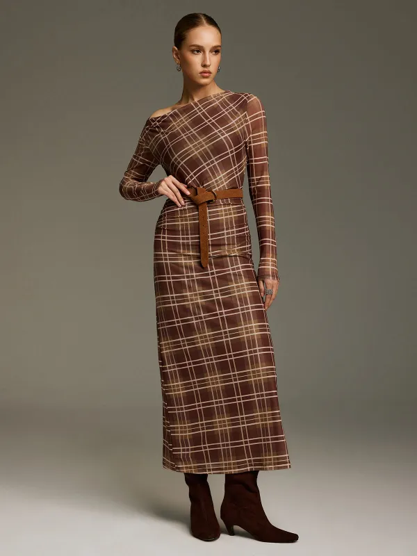 Plaid Mesh Off-Shoulder Maxi Dress without Belt sold by COMMENSE