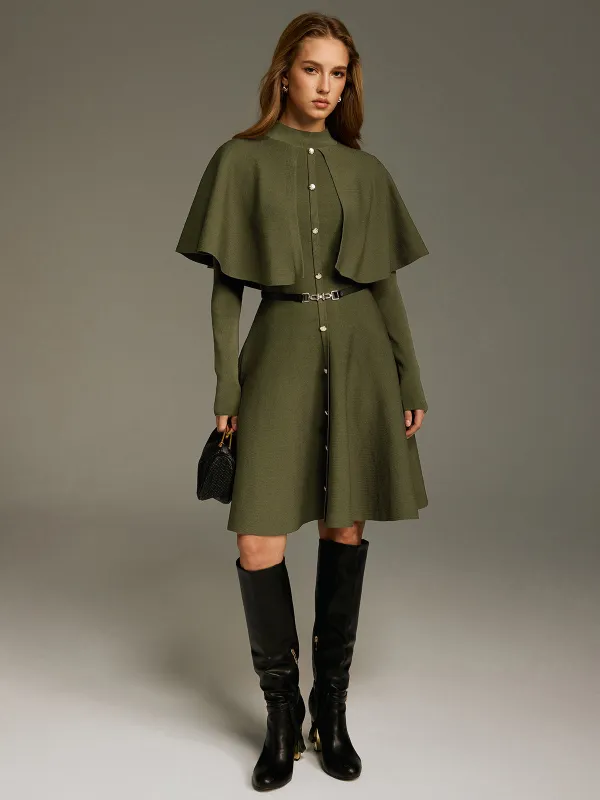 Capelet-Style Button-Front Belted Midi Dress sold by COMMENSE