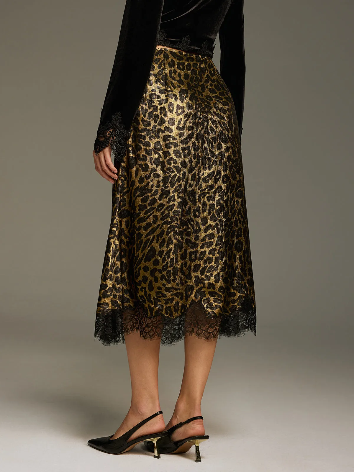 Leopard-Print Lace-Trimmed Midi Skirt sold by COMMENSE product image thumbnail 4