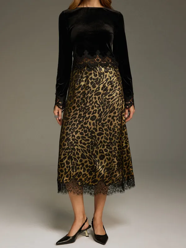 Leopard-Print Lace-Trimmed Midi Skirt sold by COMMENSE