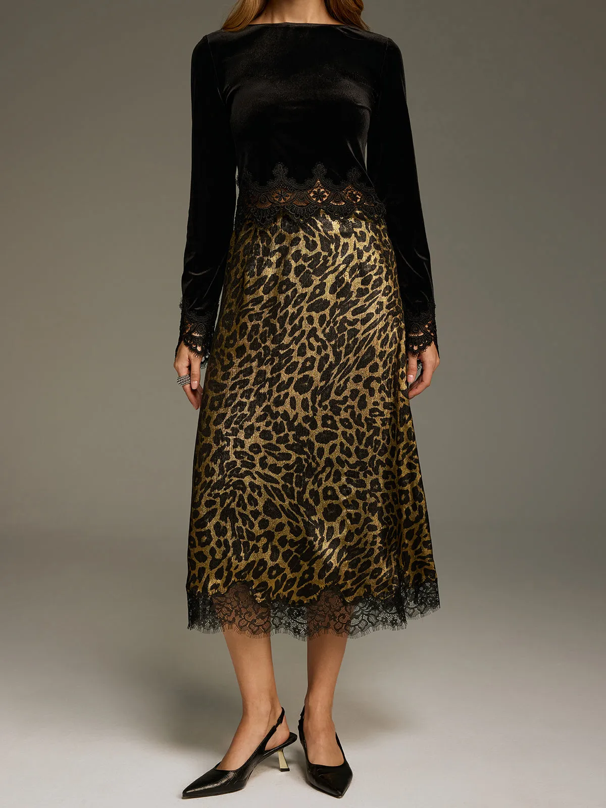 Leopard-Print Lace-Trimmed Midi Skirt sold by COMMENSE