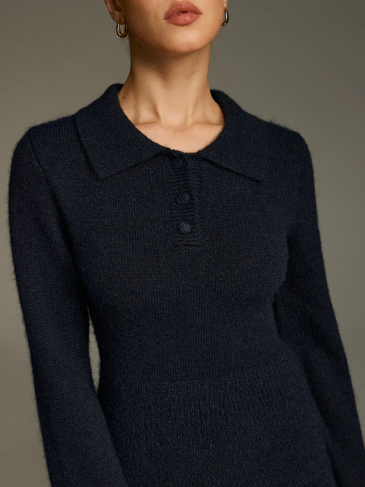 Wool-Blend Polo-Collar Knit Mini Dress sold by COMMENSE product image thumbnail 5