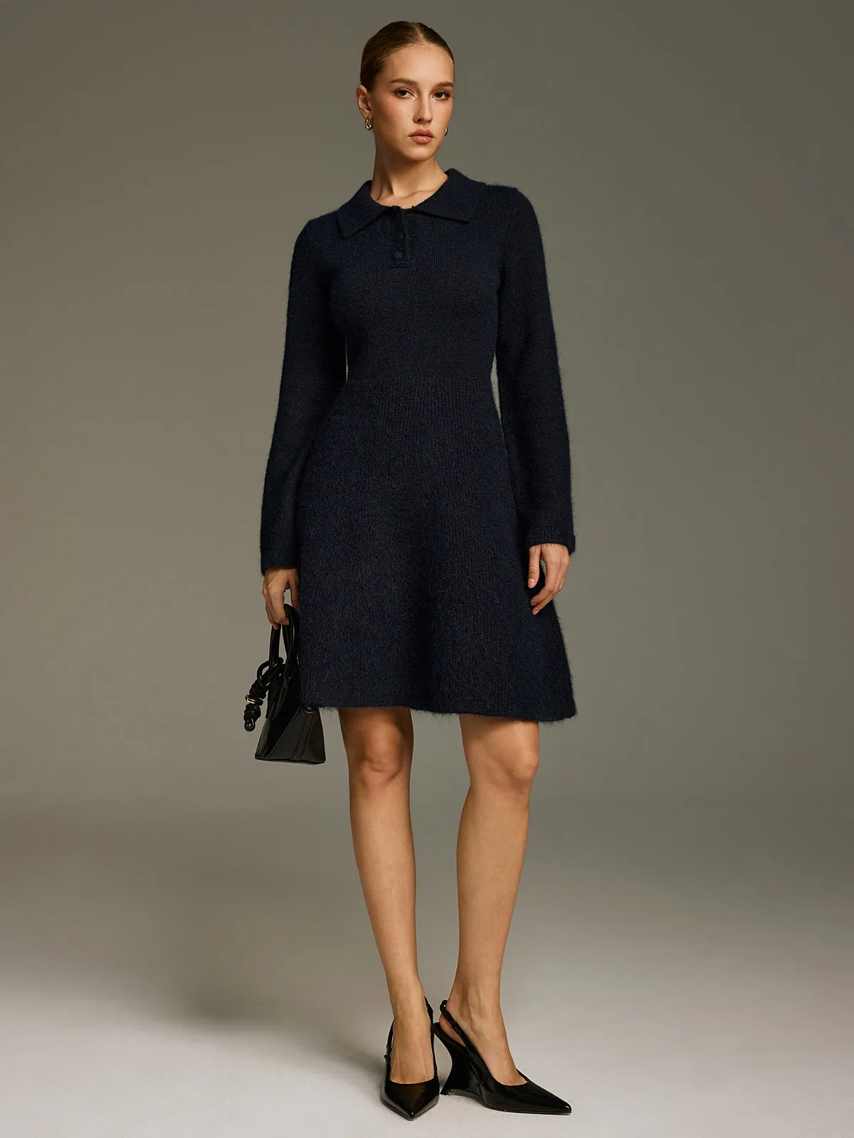 Wool-Blend Polo-Collar Knit Mini Dress sold by COMMENSE product image thumbnail 2