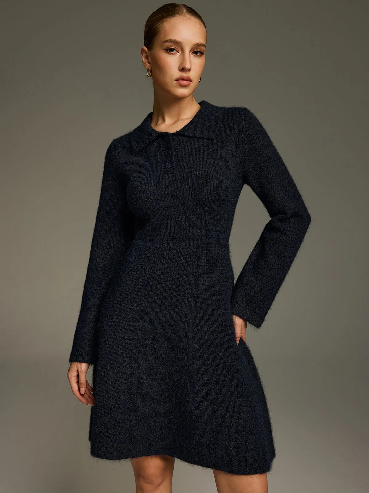 Wool-Blend Polo-Collar Knit Mini Dress sold by COMMENSE product image thumbnail 4