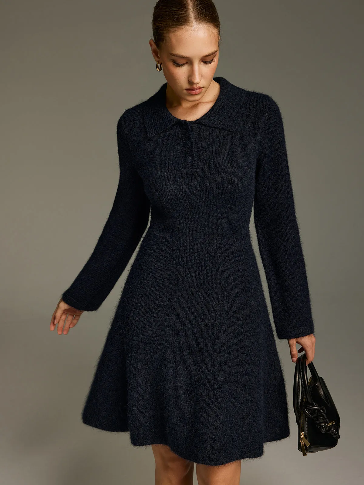 Wool-Blend Polo-Collar Knit Mini Dress sold by COMMENSE