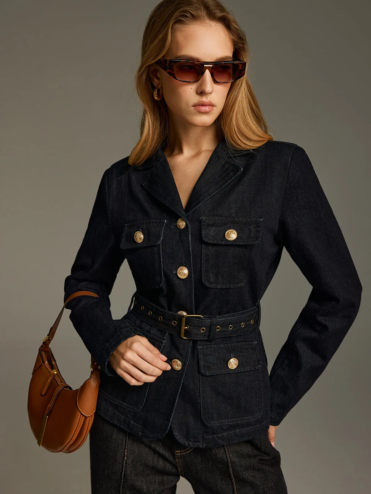 Metal Button Belted Denim Blazer sold by COMMENSE product image thumbnail 3