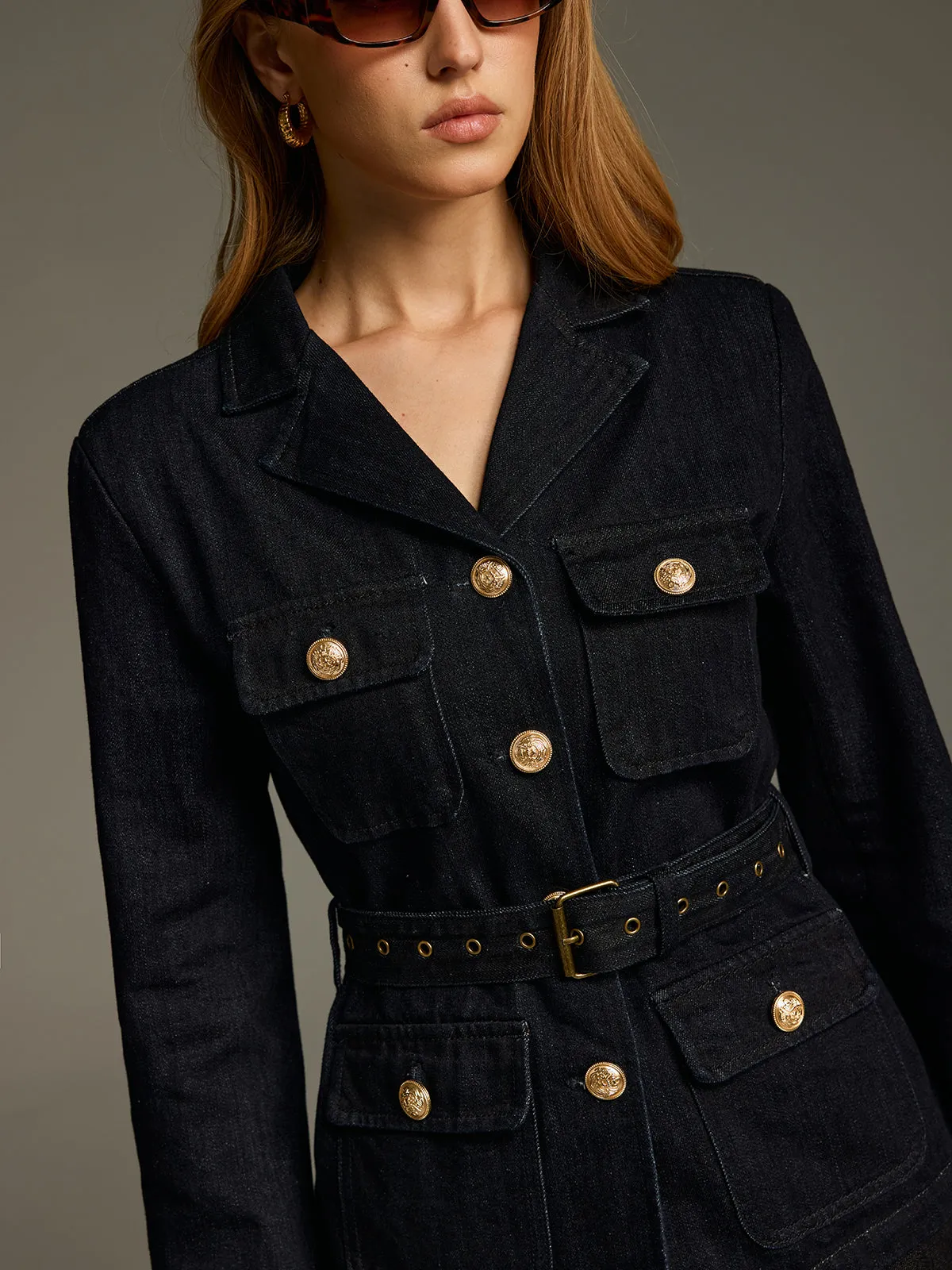 Metal Button Belted Denim Blazer sold by COMMENSE product image thumbnail 4