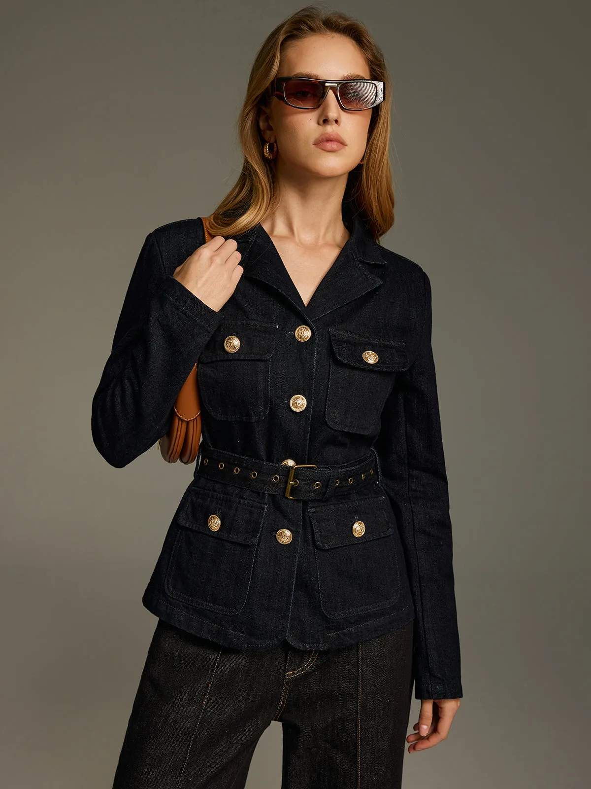 Metal Button Belted Denim Blazer sold by COMMENSE product image thumbnail 5