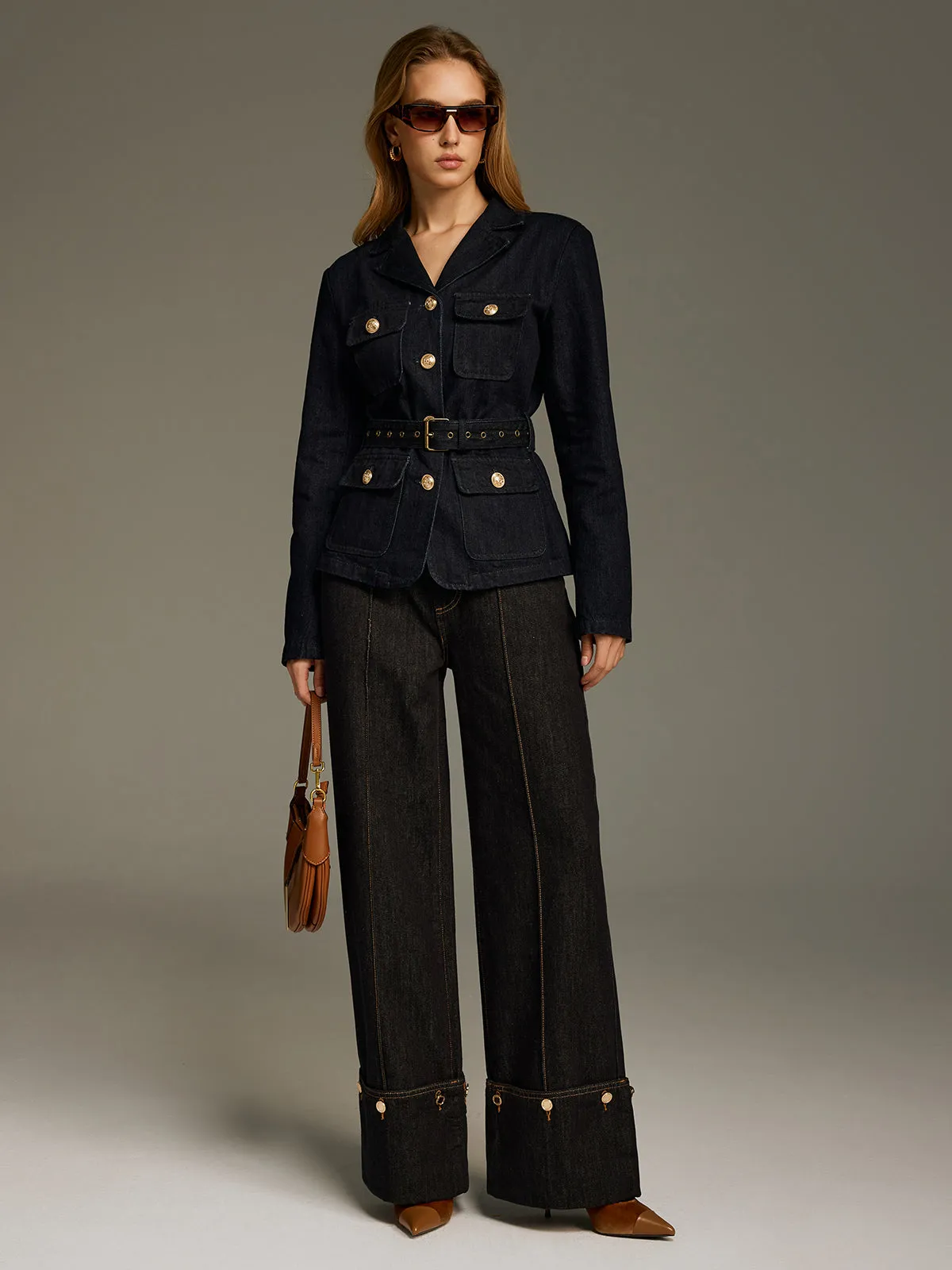 Metal Button Belted Denim Blazer sold by COMMENSE product image thumbnail 2