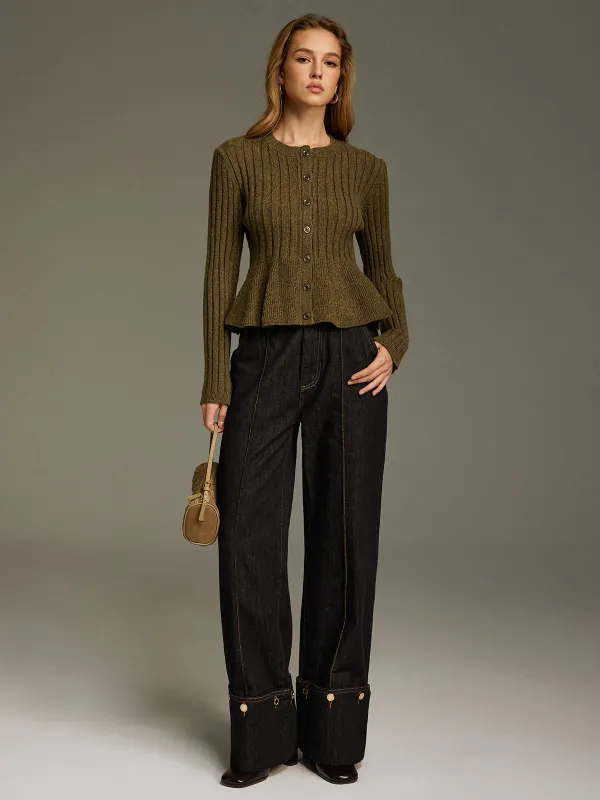 Ribbed Knit Peplum Cardigan sold by COMMENSE