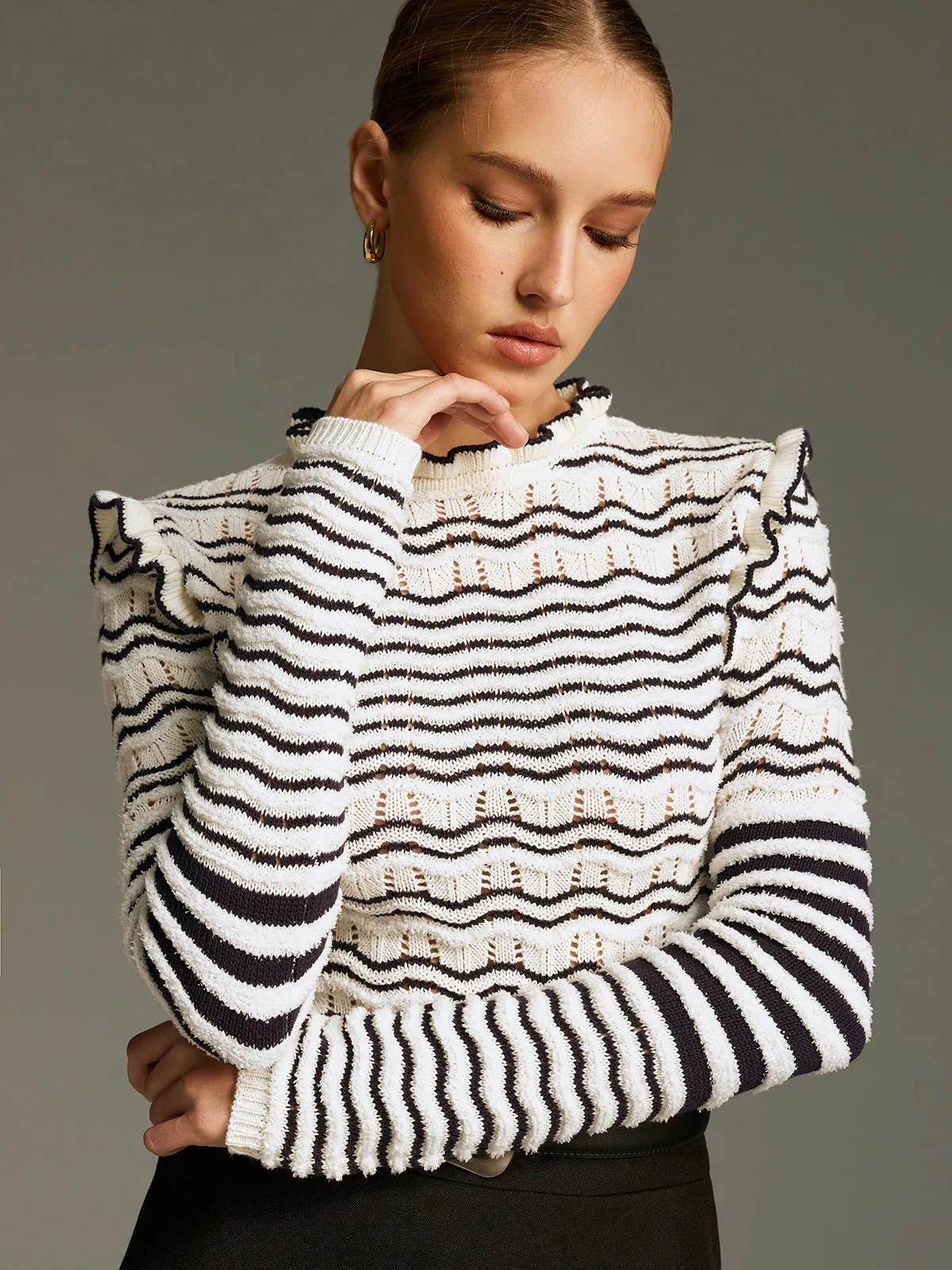 Ruffled Striped Openwork Knit Top sold by COMMENSE product image thumbnail 3