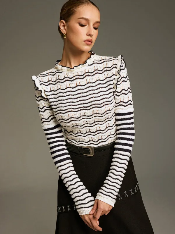 Ruffled Striped Openwork Knit Top sold by COMMENSE