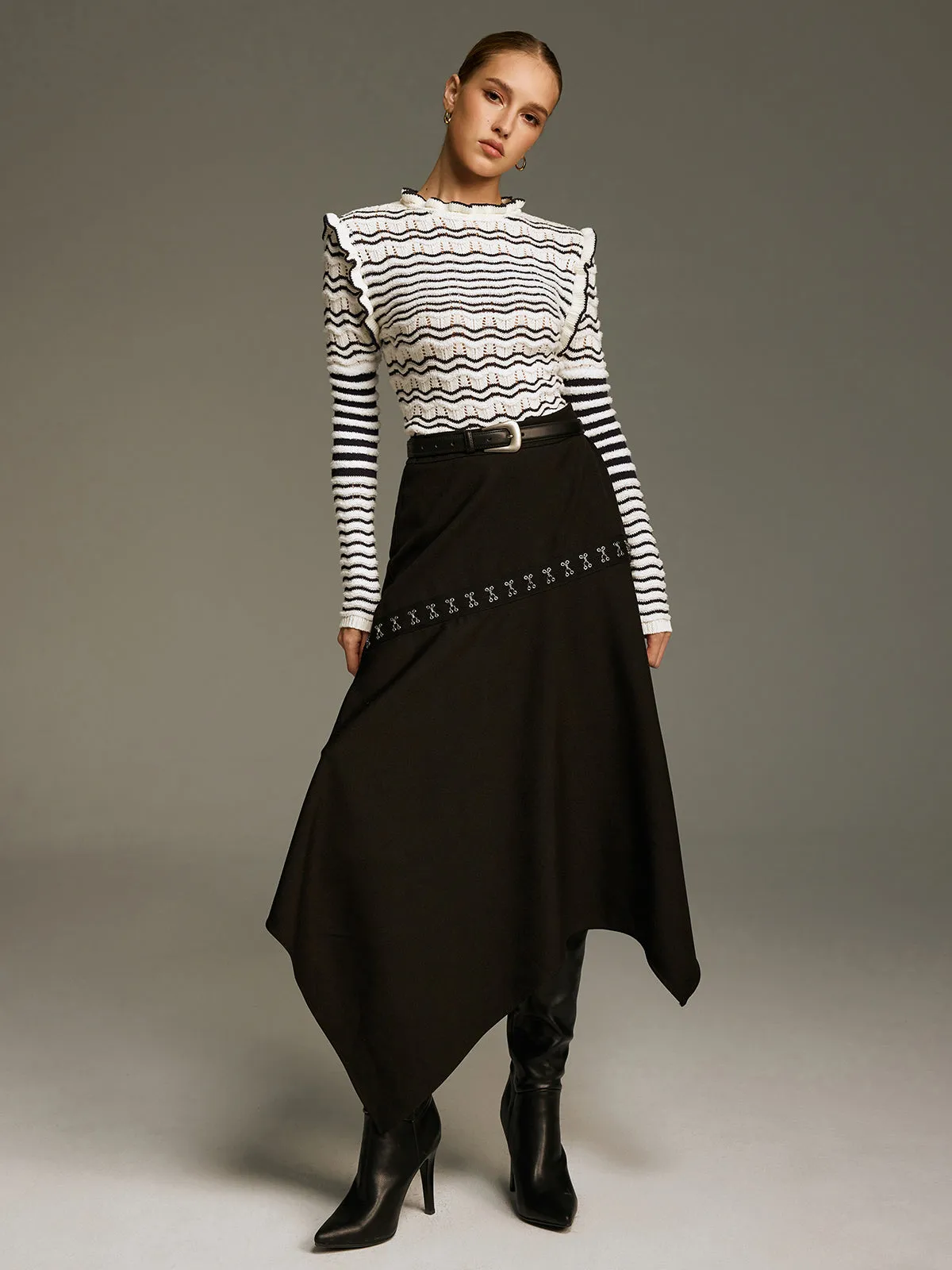 Ruffled Striped Openwork Knit Top sold by COMMENSE product image thumbnail 2