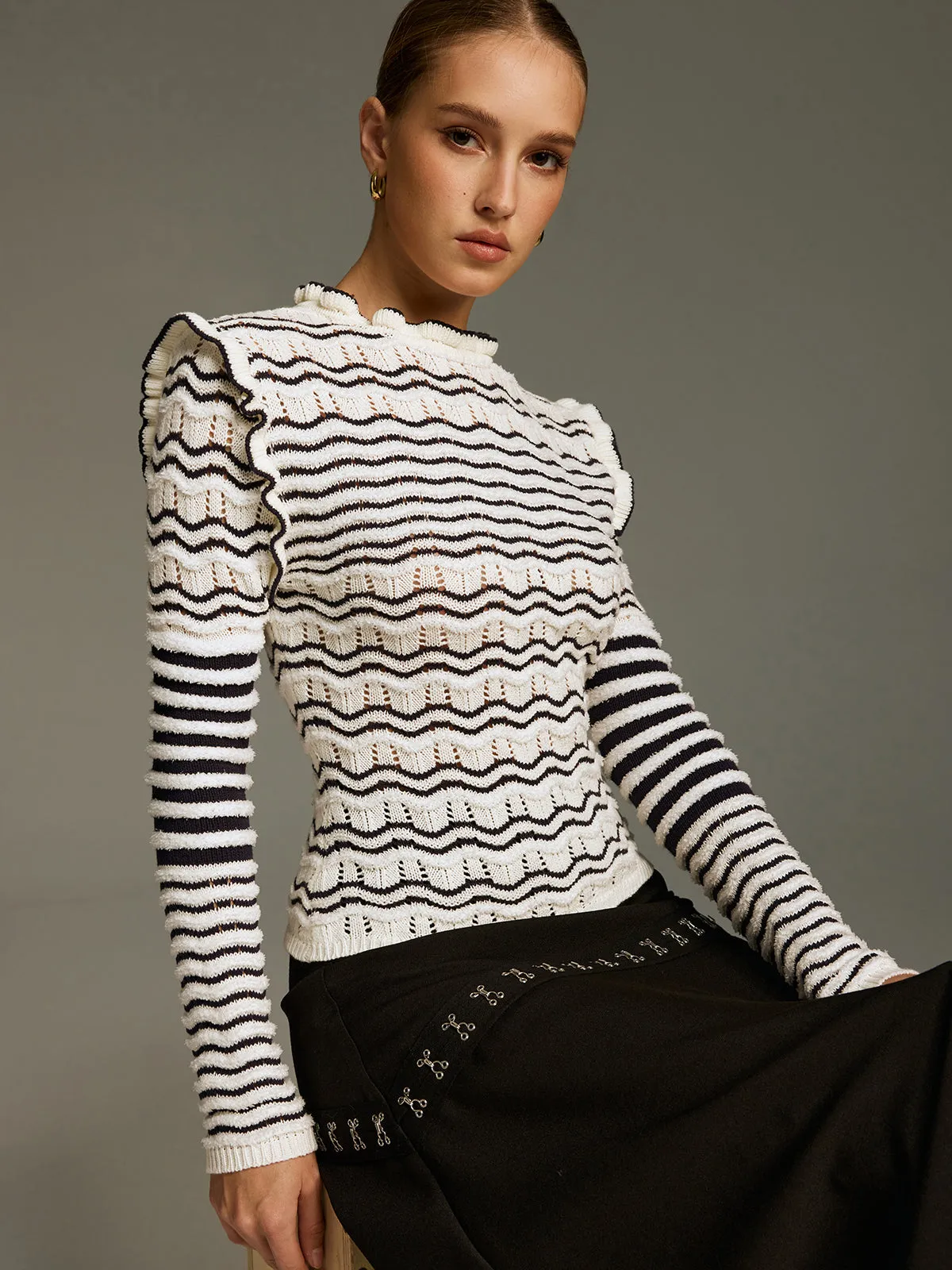 Ruffled Striped Openwork Knit Top sold by COMMENSE product image thumbnail 5