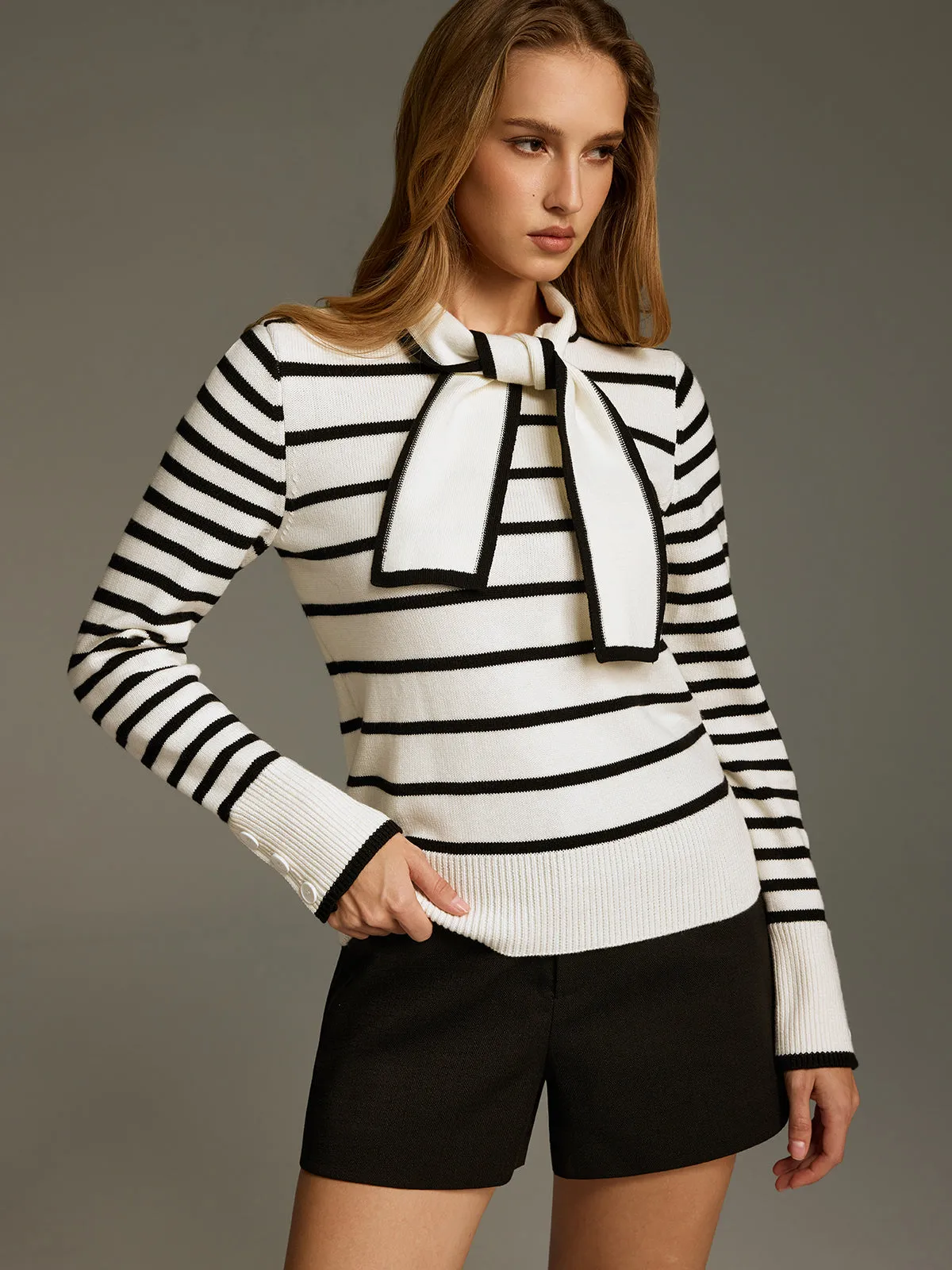 Wool-Blend Striped Knot-Collar Knit Top sold by COMMENSE product image thumbnail 3