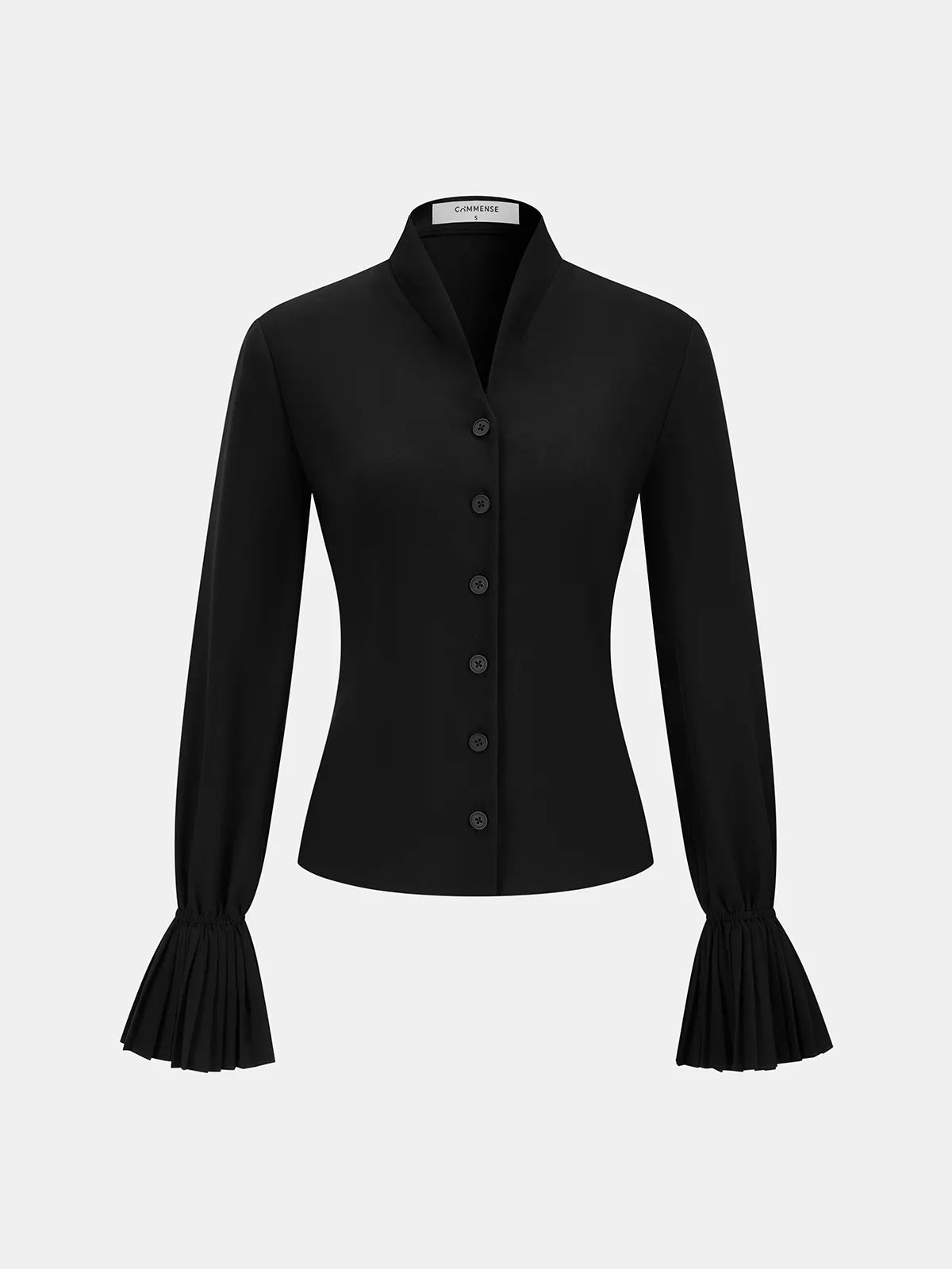 Stand Collar Pleated Cuff Button-Front Blouse sold by COMMENSE product image thumbnail 2