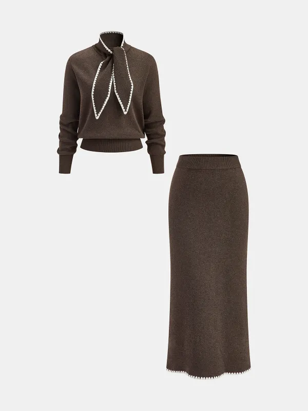 Wool-Blend Tie-Neck Knit Co-ord Set sold by COMMENSE