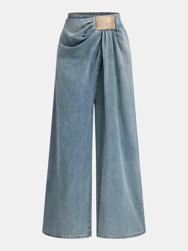 Asymmetrical Ruched Denim Wide-Leg Pants sold by COMMENSE