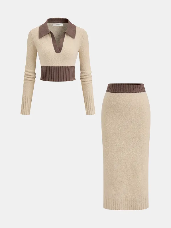 Wool-Blend Polo Knit Top & Midi Skirt Set sold by COMMENSE