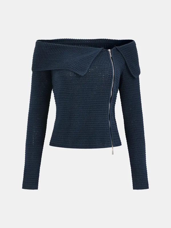 Waffle-Knit Off-Shoulder Zip-Front Top sold by COMMENSE