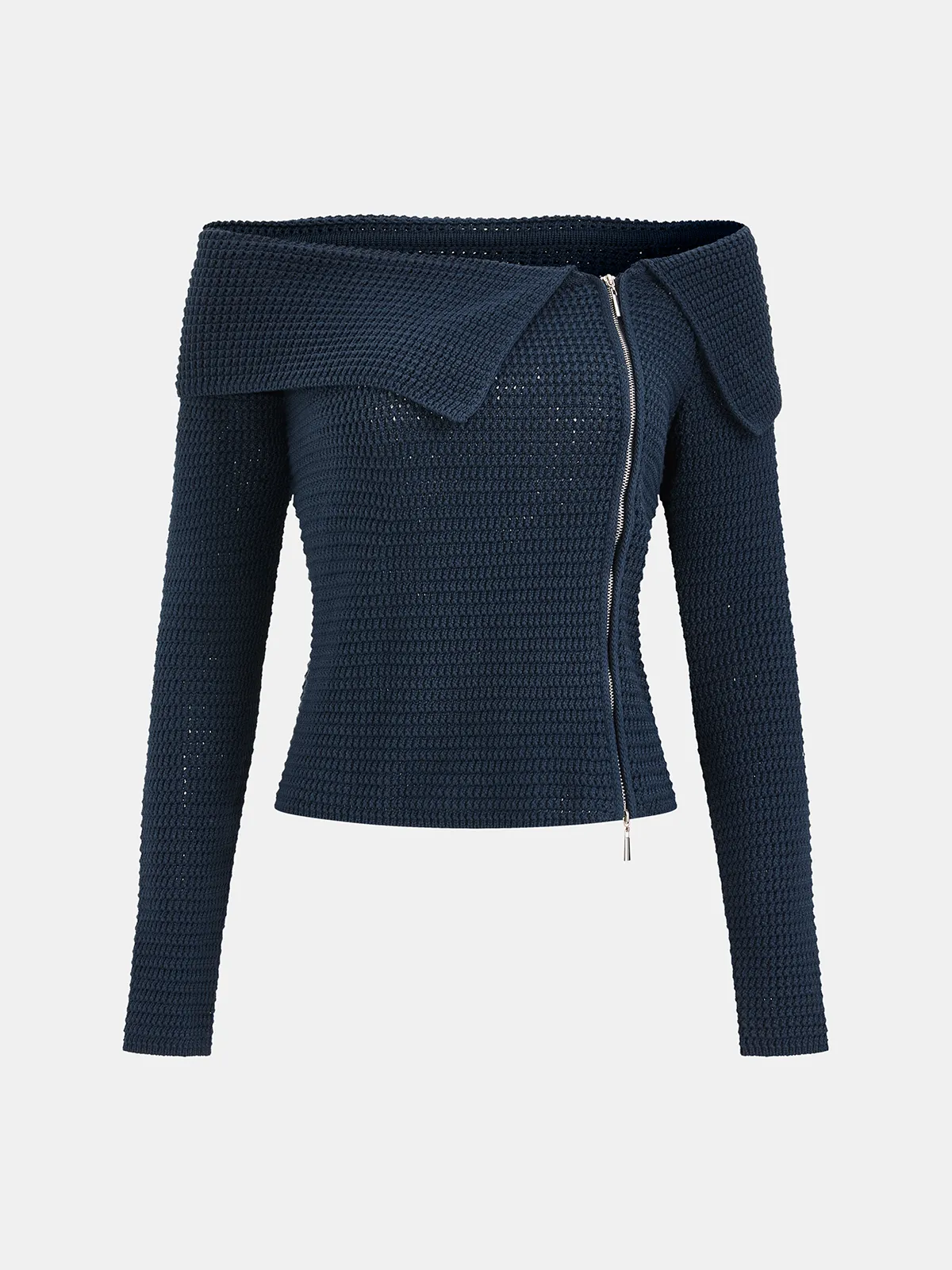 Waffle-Knit Off-Shoulder Zip-Front Top sold by COMMENSE