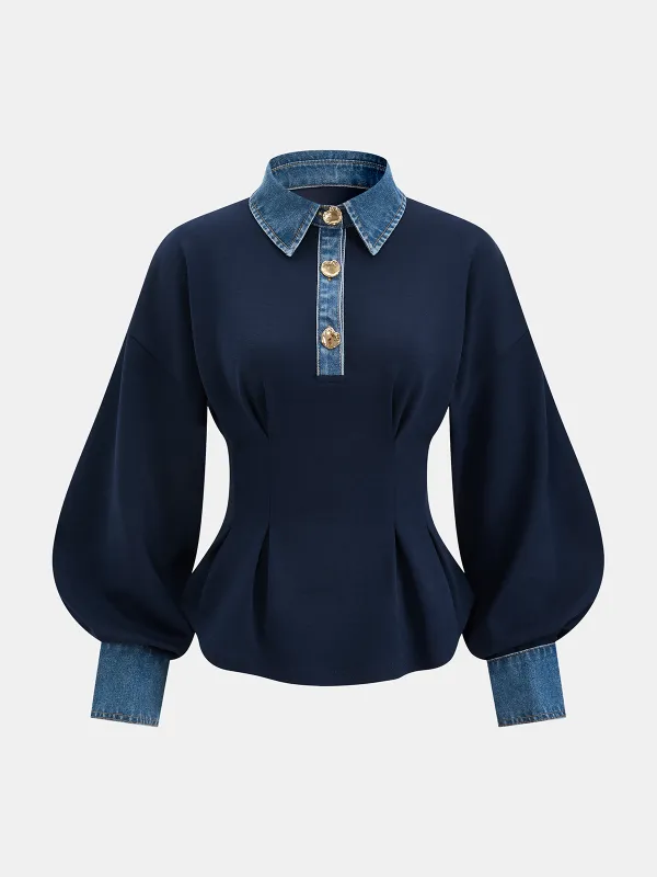 Denim Collar Cinched Waist Sweatshirt sold by COMMENSE