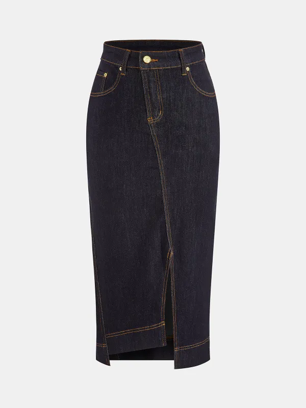 Asymmetric Slit Denim Midi Skirt sold by COMMENSE