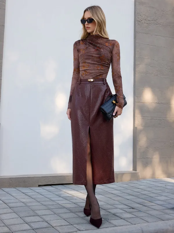 Woven-Texture Faux Leather Slit Maxi Skirt sold by COMMENSE