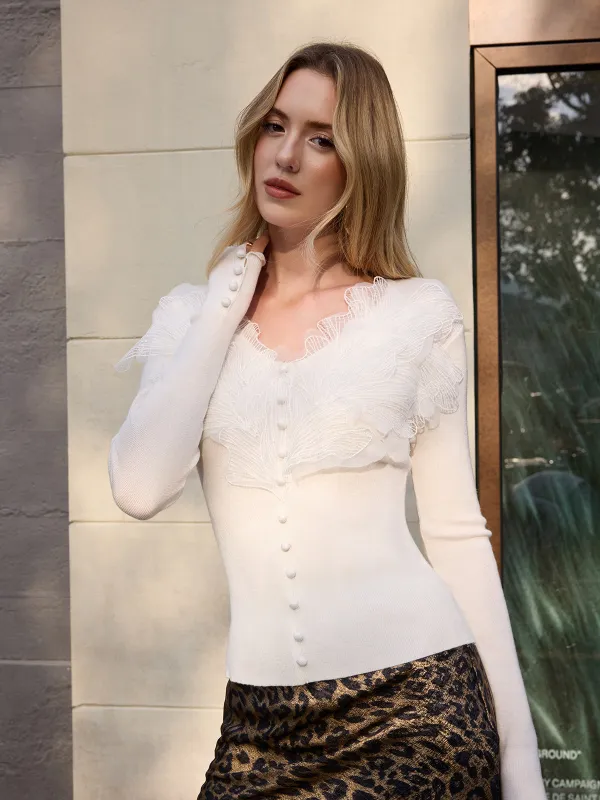 Wool Blend V-Neck Ruffled Knit Top sold by COMMENSE