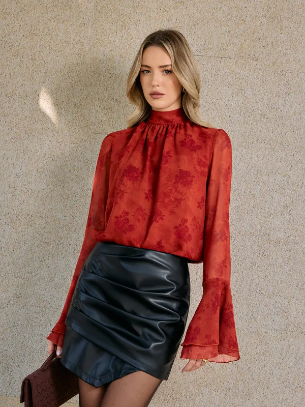 Floral Print Chiffon Bell Sleeve Blouse sold by COMMENSE