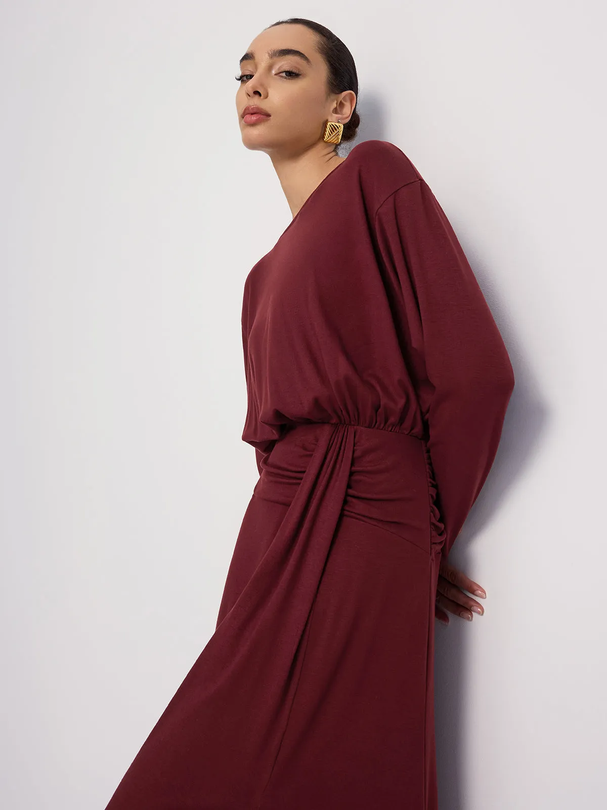Long Sleeve Ruched Slit Maxi Dress sold by COMMENSE