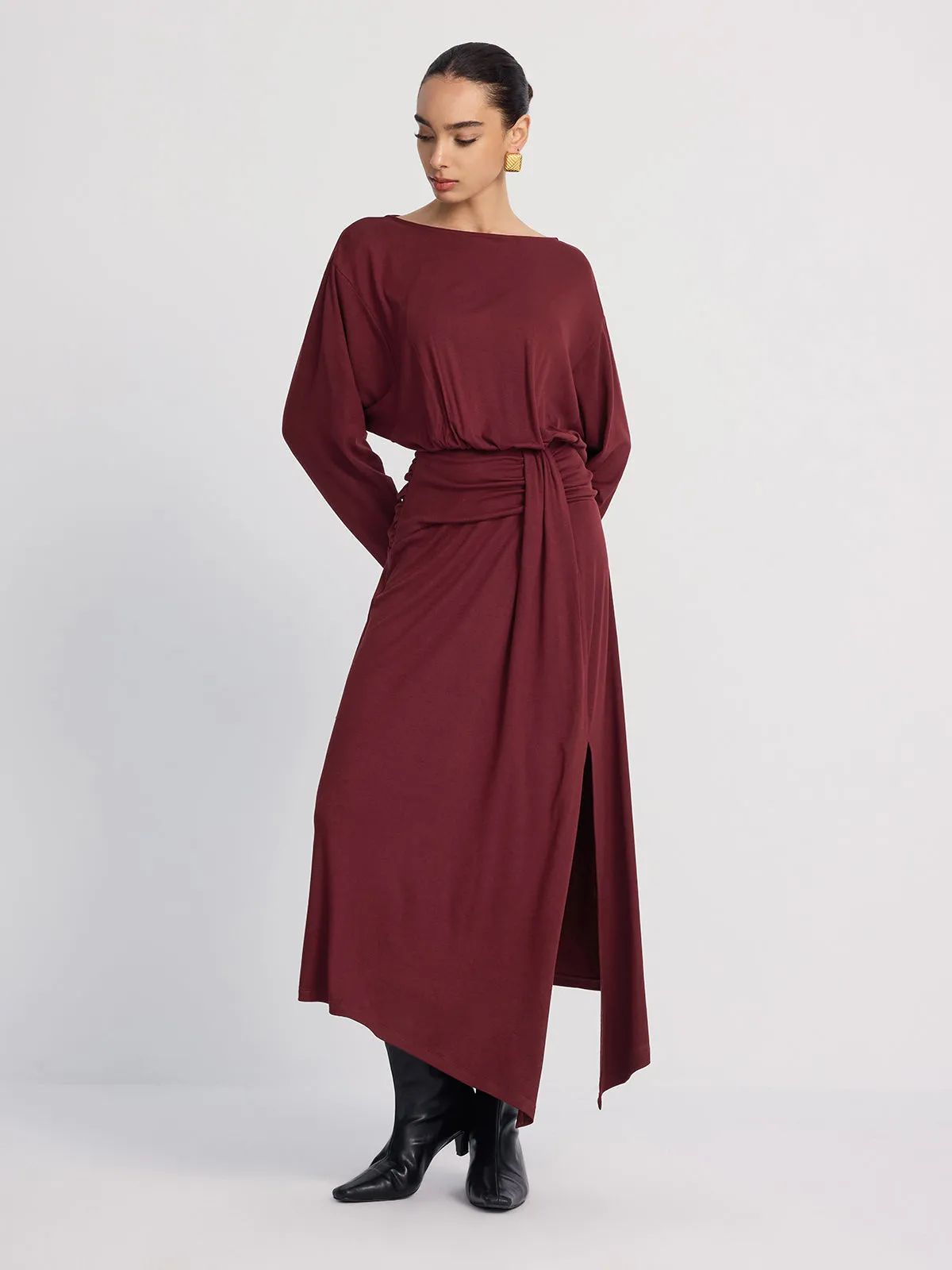 Long Sleeve Ruched Slit Maxi Dress sold by COMMENSE product image thumbnail 5