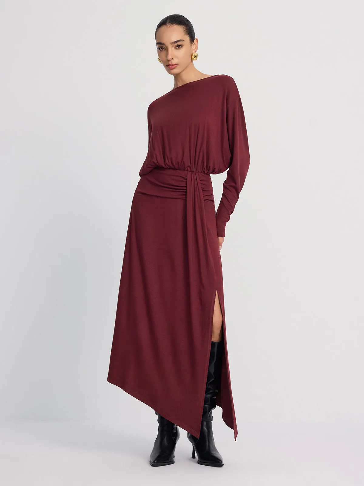Long Sleeve Ruched Slit Maxi Dress sold by COMMENSE product image thumbnail 2